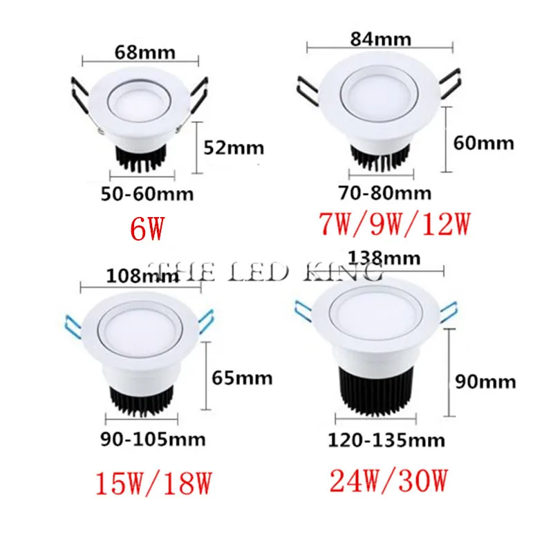 Super Bright 6w 9w 12w Led Downlight White Body dimmable spot cob 110v 220v Lighting Fixtures Recessed Down Lights Indoor Light