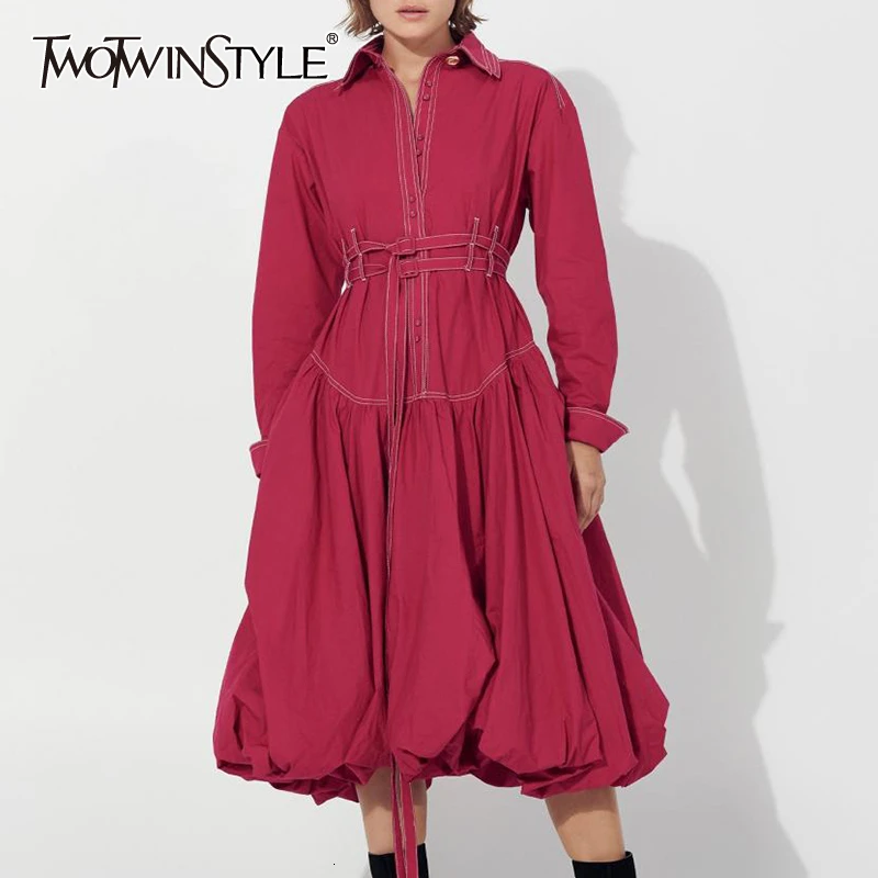 TWOTWINSTYLE Wit vrouwen Jurk Revers Kraag Lange Mouwen Hoge Taille Lace Up Elegante Jurken Vrouwelijke Mode Herfst Nieuwe 2019 TWOTWINSTYLE Wit vrouwen Jurk Revers Kraag Lange Mouwen Hoge Taille Lace Up Elegante Jurken Vrouwelijke Mode Herfst Nieuwe 2019