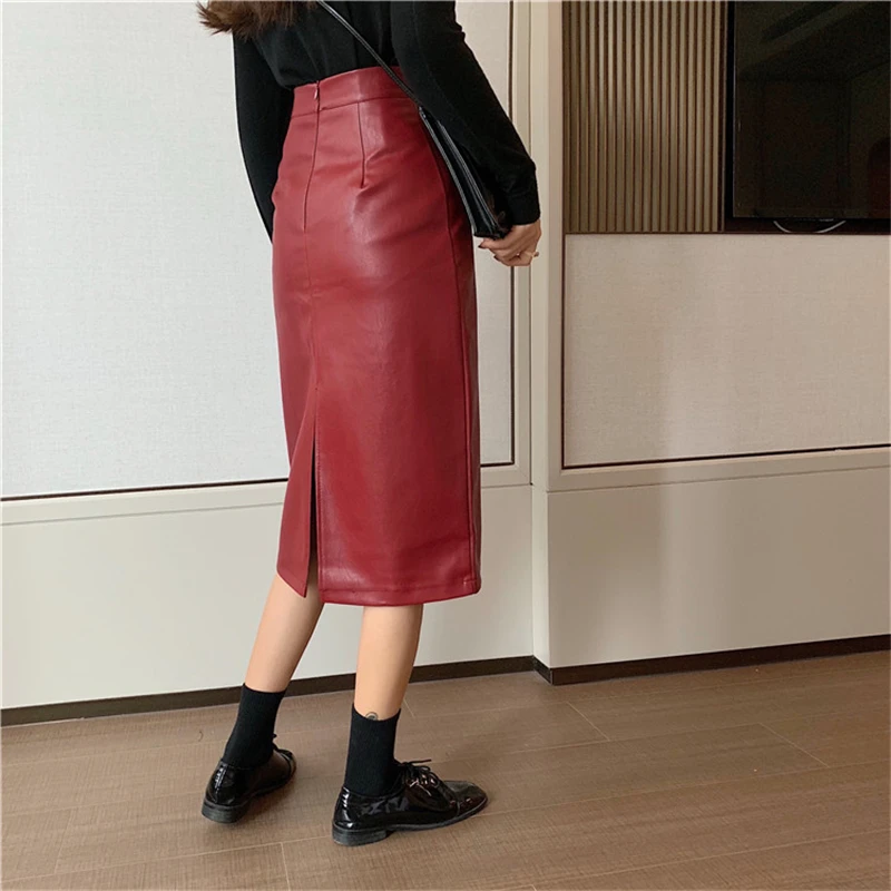 BGTEEVER Vintage PU Leather Straight Skirts for Women High Waist Slit Package Hip Skirts Faux-leather Bodycon Female Skirt