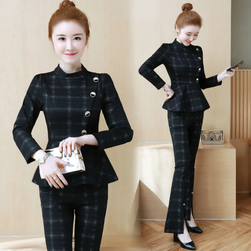 

2019 New Style WOMEN'S Dress Autumn Clothing Royal Sister Set Western Style Fashion Elegant Waist Hugging Tops Plaid Bell-bottom