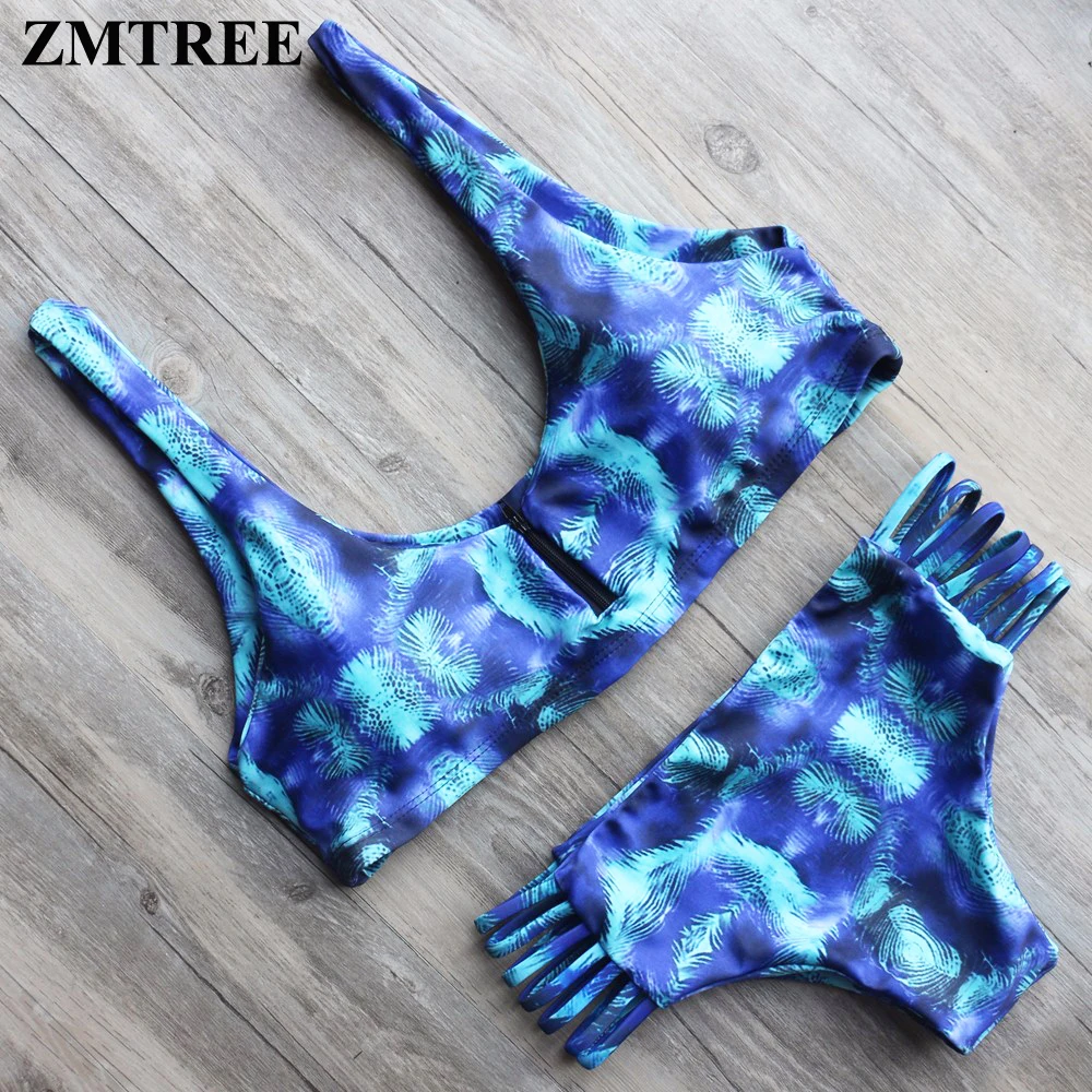 

ZMTREE Sale Size M Zipper Bikini Cropped Top Swimsuit Women Low Waist Swimsuit Floral Printed Summer Beachwear Bathing Suit