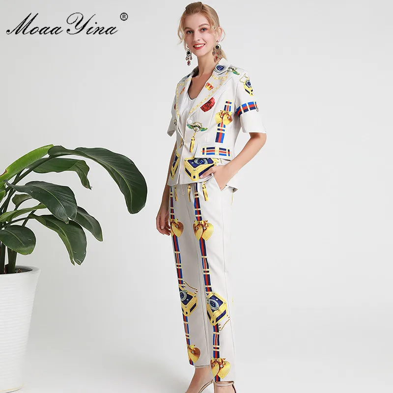 MoaaYina, модный дизайнерский комплект, весенний женский костюм с коротким рукавом и отложным воротником, топы+ брюки, костюм из двух предметов