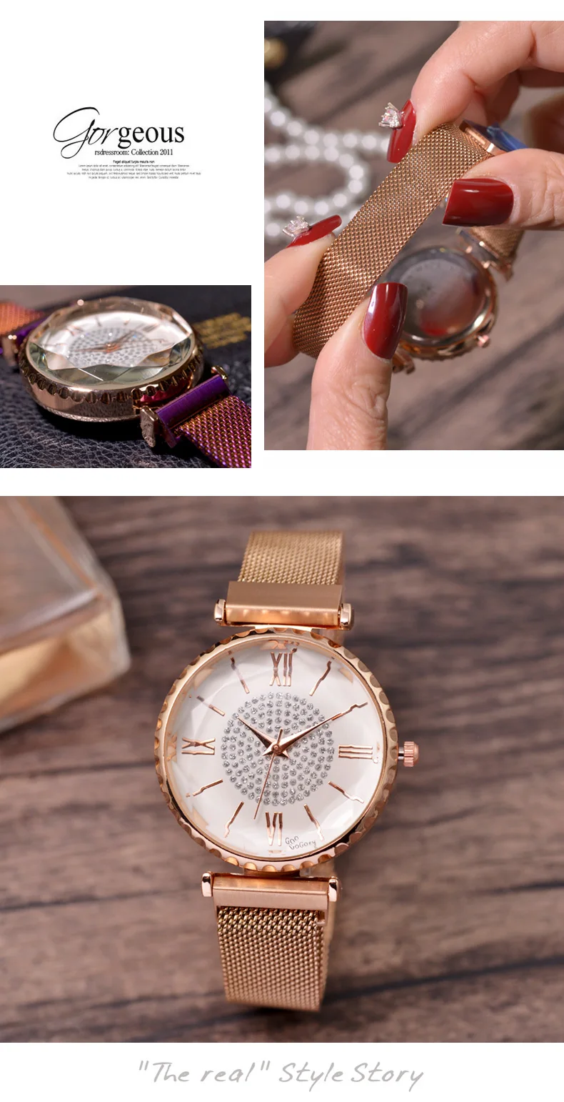 Роскошные часы для женщин браслет магнитная сетка ремешок горный хрусталь наручные часы новые женские Алмазные кварцевые наручные часы feminino