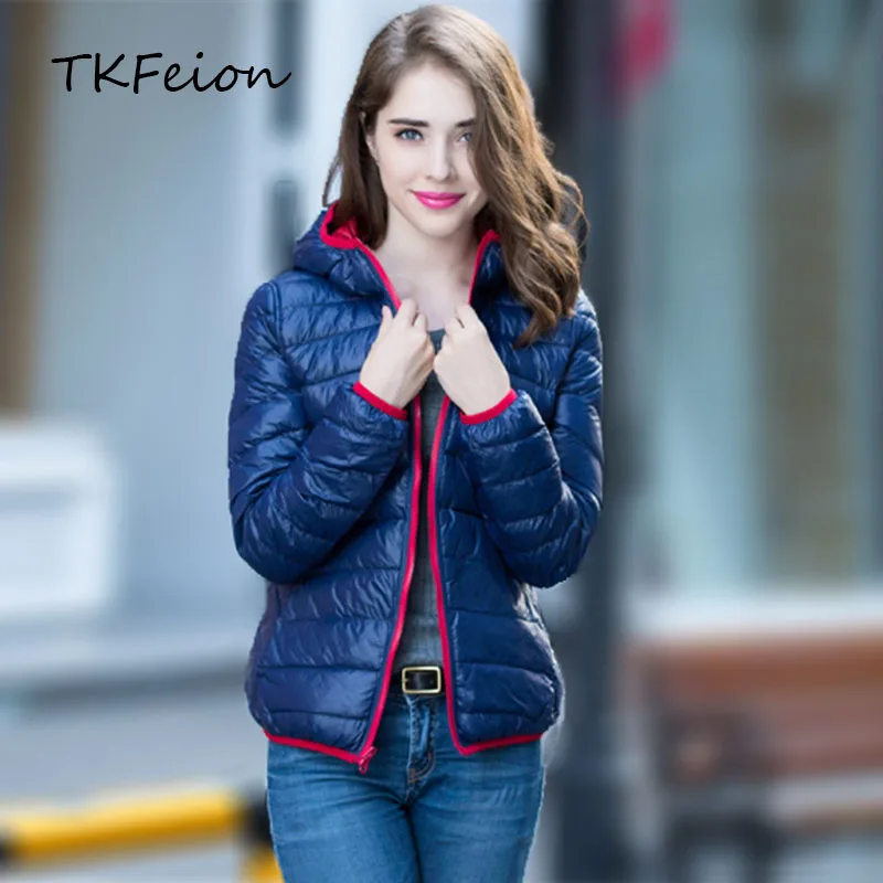 

Womens Bomber Hooded Jackets Ultra-thin Light Double-sided Wear 2019 Autumn Winter Female Slim Short Coats Warm Duck Down Filler