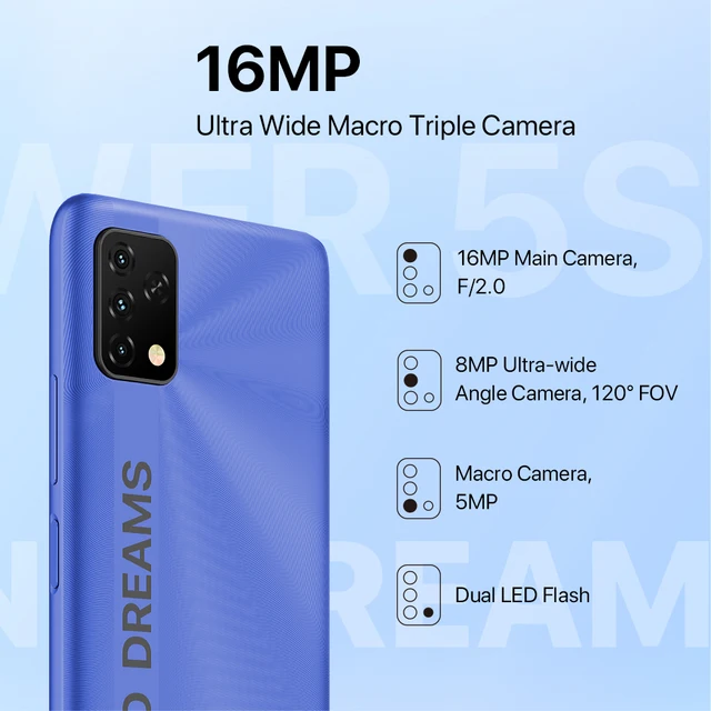 In Stock UMIDIGI Power 5S Global Version Smartphone 4GB 32GB 6.53" HD+ Display Cellular 16MP Triple Camera 6150mAh Cellphone 5