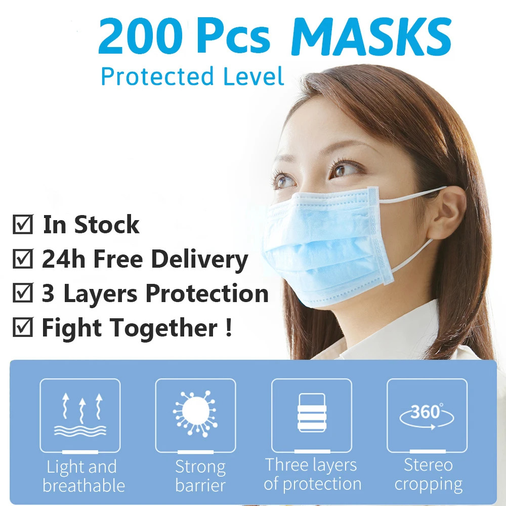 

200Pcs High Quality 3 layers Disposable Masks Anti-virus Face Masks Mouth Mask Nose Cover Health Care