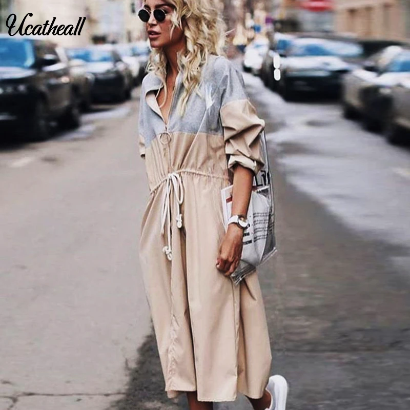 

New Fashion Zipper Up Long Trench Coat Women Slim Drawstring Waits Mujer Windbreaker Female High Neck Fall 2019 Big Coat
