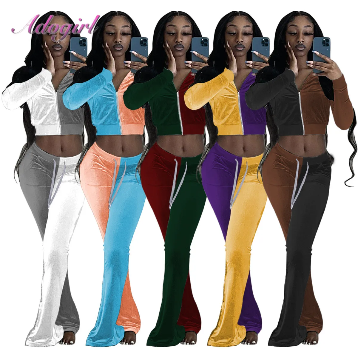 

Женский Бархатный спортивный костюм из двух предметов, повседневная осенняя куртка на молнии с длинным рукавом, пальто, штаны для бега, комплект одежды