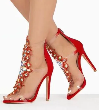 

Bling Bling Crystal Embellished High Heel Sandal Woman Sexy PVC Patchwork Thin Heels Wedding Shoes Summer Dress Shoe