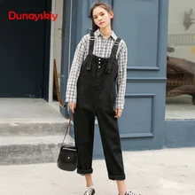 Джинсовые комбинезоны, женские свободные широкие джинсы в Корейском стиле, осень, новые милые тонкие повседневные джинсы с высокой талией