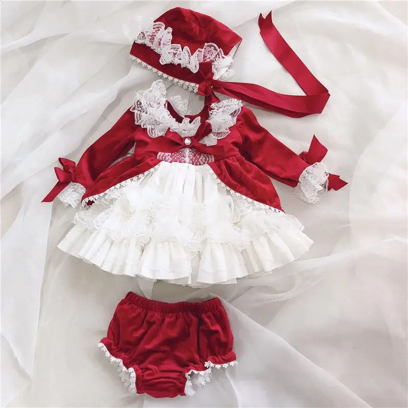 4 шт., красное бархатное осенне-зимнее винтажное испанское платье для девочек бальное платье принцессы с помпонами рождественское праздничное платье лолиты для девочек