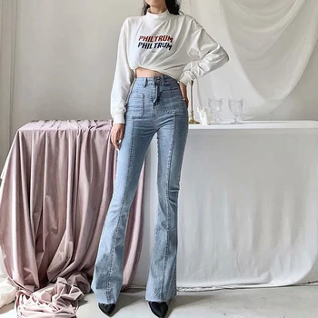 

2020 New Spring Retro high waist stretch horn jeans women Slim long legs solid color jeans women Korean KZ105