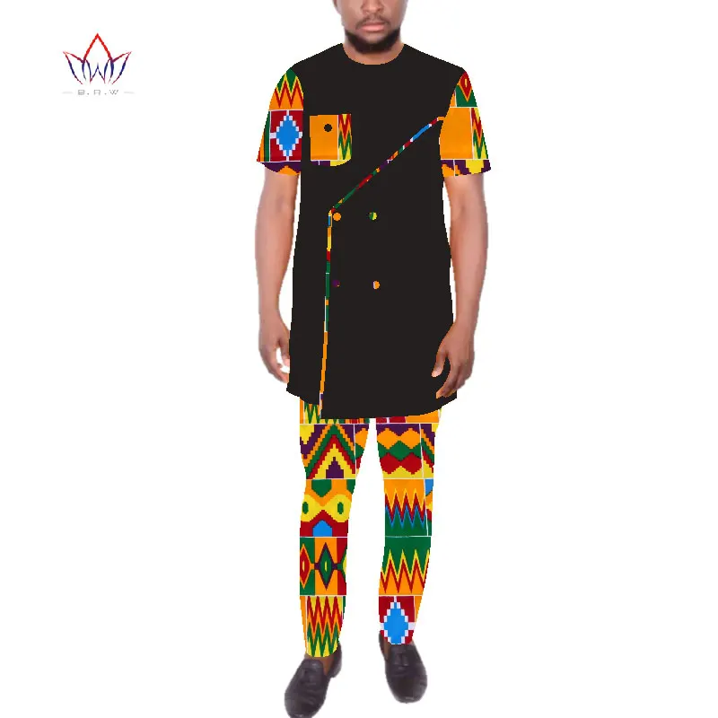 Дашики Мужская африканская одежда двубортный топ рубашки и брюки наборы Базен Riche африканская одежда мужские 2 шт брюки наборы WYN93 - Цвет: 3