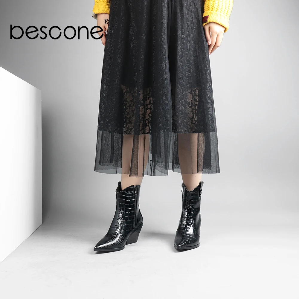 BESCONE/зимние женские ботинки до середины икры; черные ботинки ручной работы с острым носком на квадратном каблуке на молнии; новые женские ботинки из микрофибры; H5