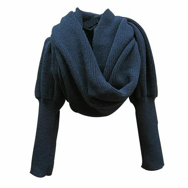 Новинка унисекс женский вязанный шарф с рукавами длинный для женщин шали обертывание сплошной зимний теплый шарф - Цвет: Тёмно-синий