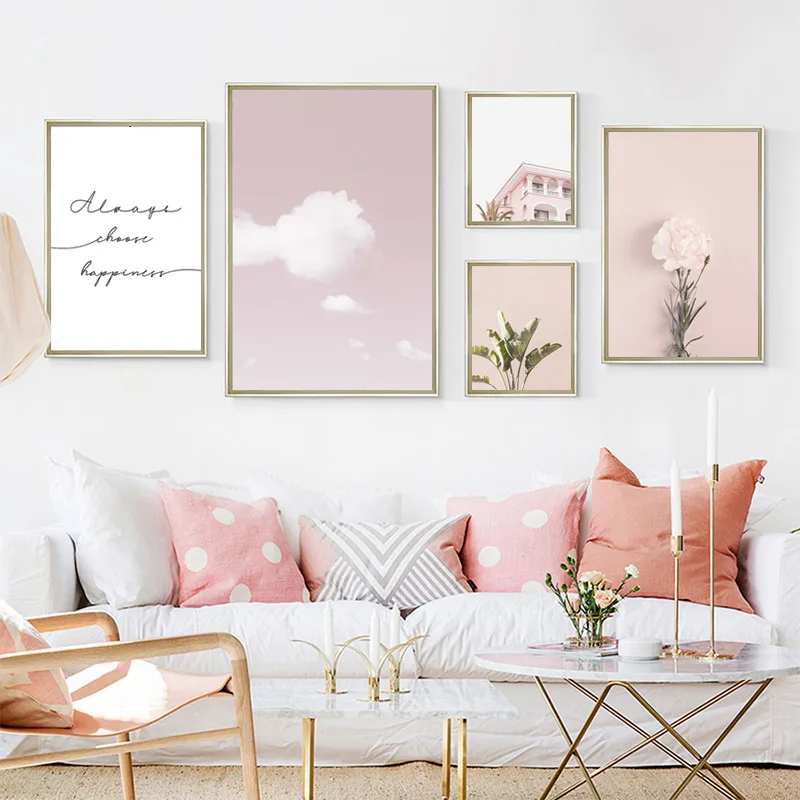 

Pink House Wall Art Flower Canvas Prints Wall Poster Canvas Paintings Decorative Pink Sky Clouds Cuadros Decoracion Dormitorio