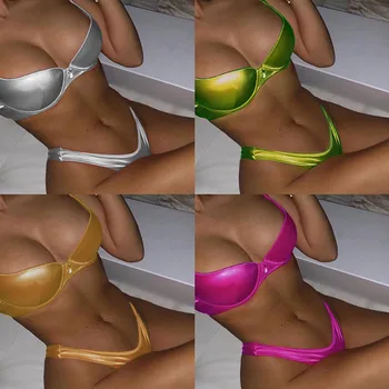 

Bikini 2020 Gathered Swimsuit Sexy Solid Color Bright Leather Wrap-around Two-Piece Swimsuit Bikini plus Size Swimwear