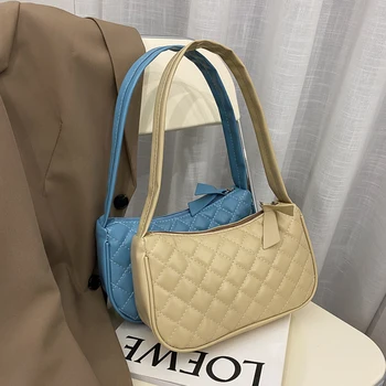 

Lattice Pattern Shoulder Underarm Bag Women Solid PU Casual Ladies Handbags Totes