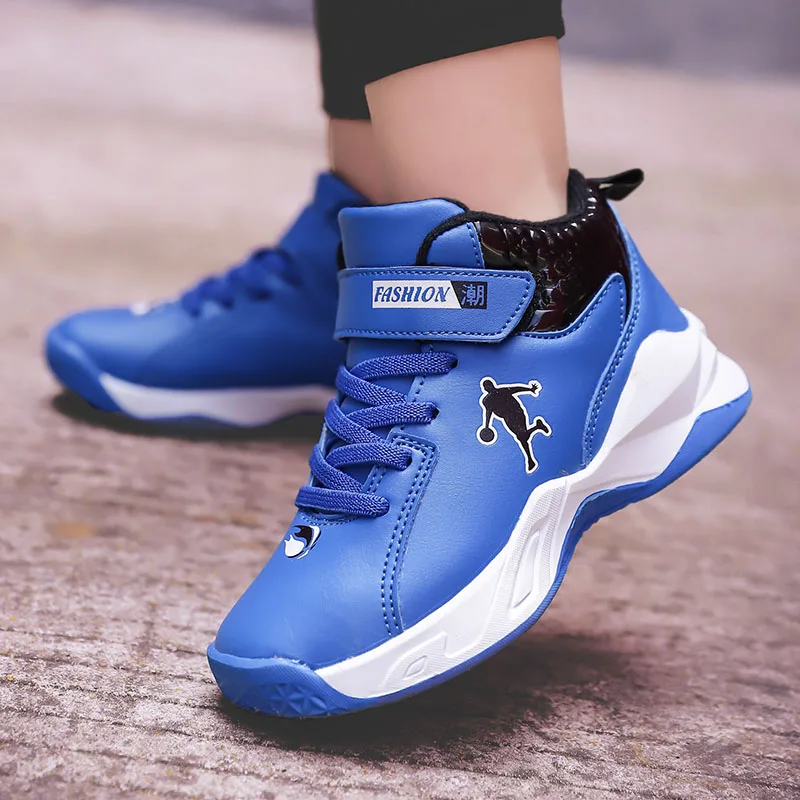 Boys Basketball Shoes Thick Sole Soft Spring Mesh Kids Sneakers Non-slip Leather Children Sport Shoes Outdoor Boys Basket Shoes