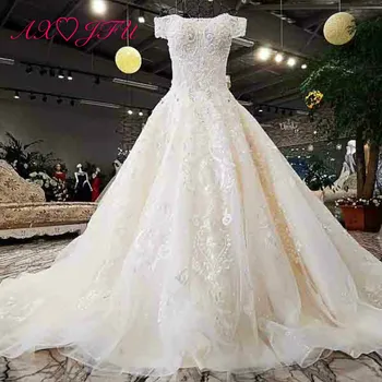 

AXJFU luxury princess beading diamond white flower lace wedding dress vintage handmade boat neck illusion wedding dress QSYS1227