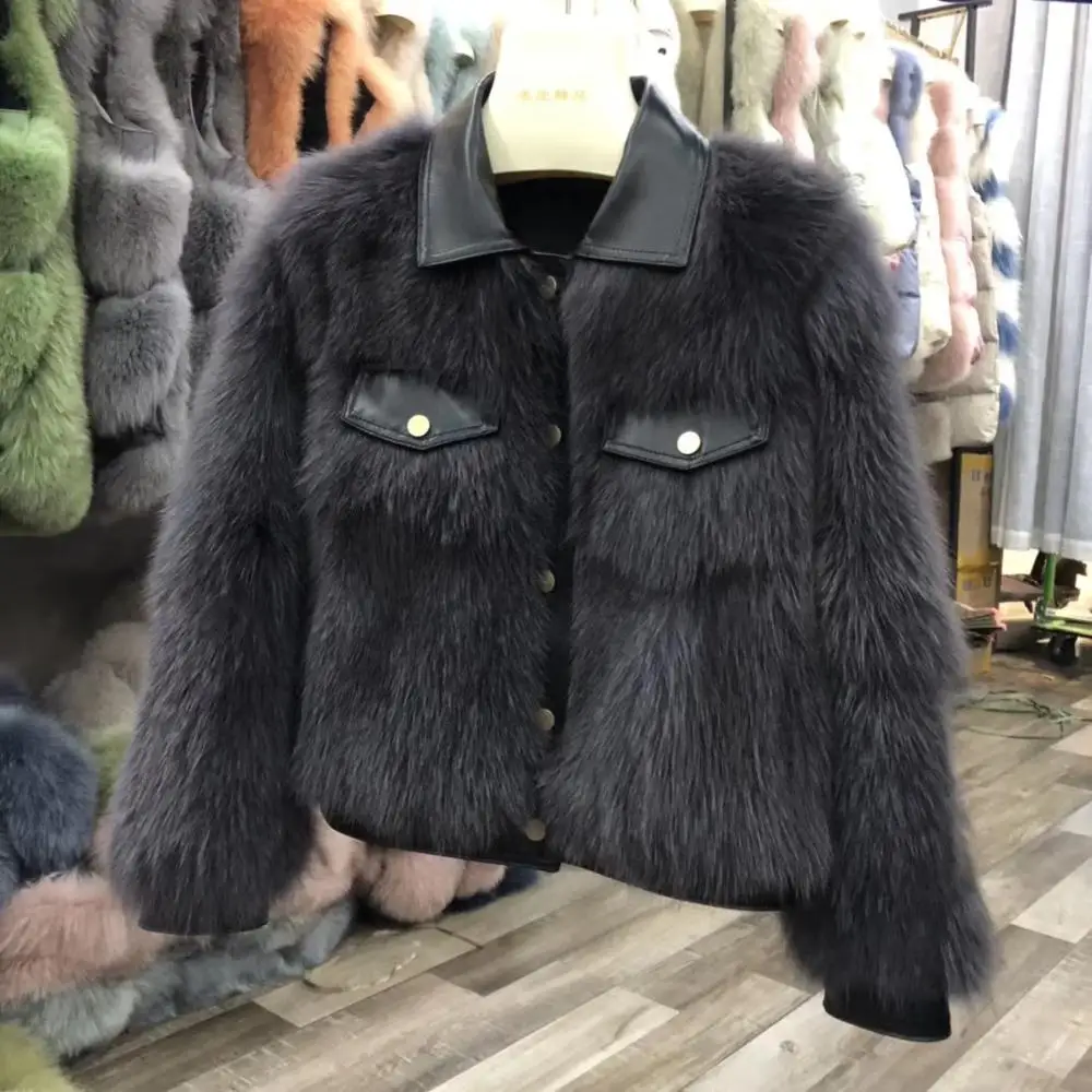 Dark grey Шуба из натурального Лисьего меха для женщин зима модный стиль натуральная овечья кожа пальто - Color: Dark grey