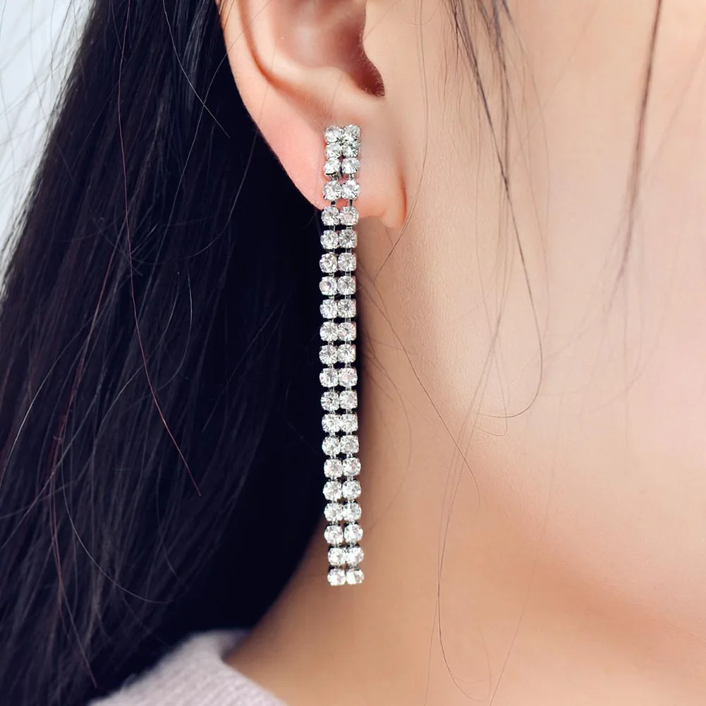 

2017 New Fashion Women Geometric One Word Design rhinestone Long Tassel Dangle Earring Drop Brincos Jewelry Ear Accessory