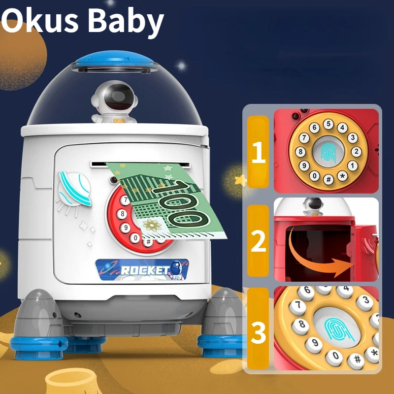 

2021 Fingerprint Unlock Password Rocket Piggy Bank Sensor Double Unlock Piggy Bank Sound And Light Music Piggy Bank
