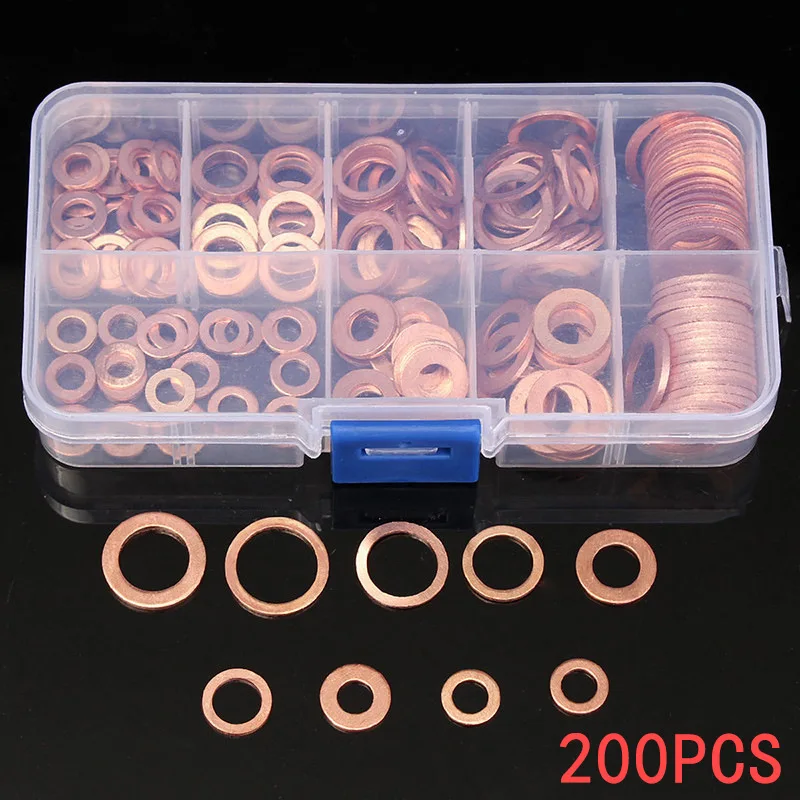 M5-M14 200Pcs Kit Assorted Solid Copper Crush Washers Seal Flat Ring w/Box O1P1 