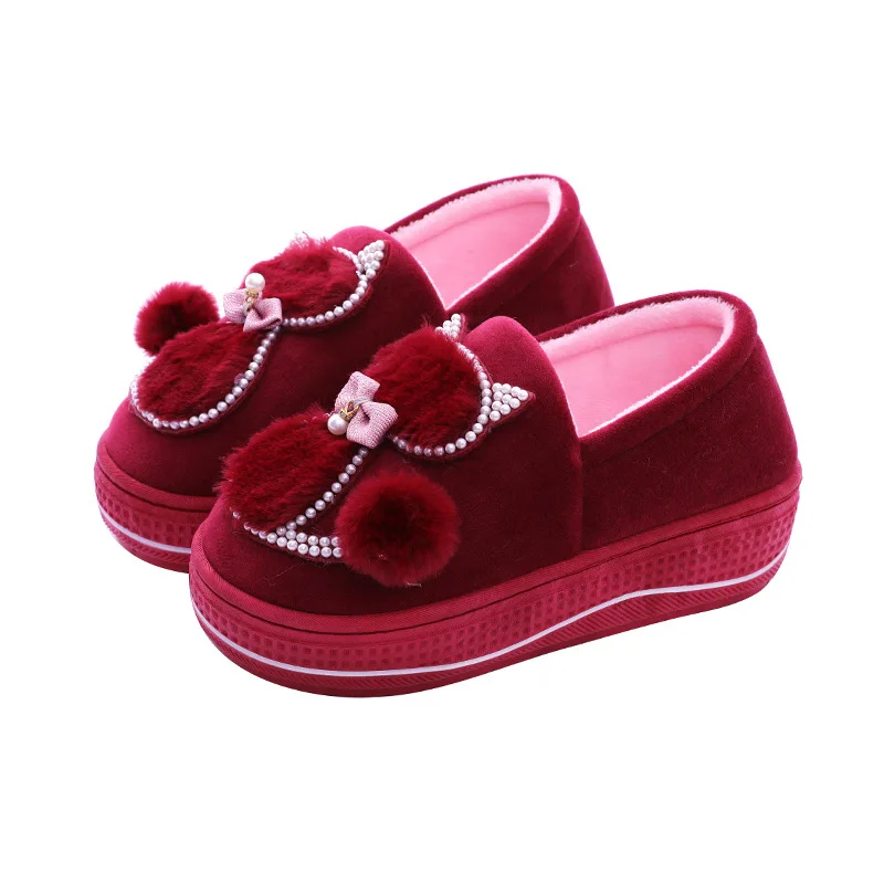 Pearl Winter Felt Slippers Women Indoor Home Shoes Warm Soft Platform Shoes Furry Slides Cotton Home Shoes Floor Slipper Snow
