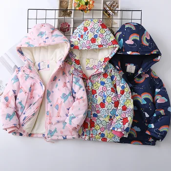 

Children Rainbow Cartoon Flower Brushed And Thick Hooded Coats Girls 2020 Winter Cotton-Padded Jackets Kids Warm Parkas