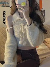 

Atopos Korean Women Halter Knitted Vest Crop Top Cover Up Cardigans Pullover Two Piece Sets Y2K Sexy Streetwear Female Tops 2022