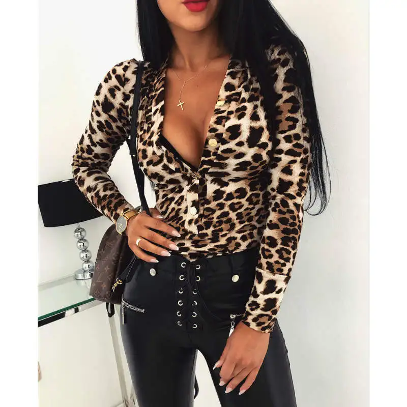 Autumn Sexy Serpentine Pattern Long-Sleeved V Neck Women Bodysuits Fashion Leopard Printed Skinny Rompe Bodysuits - Color: A3