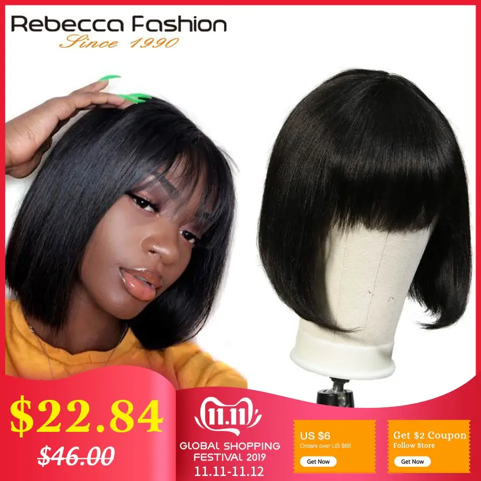 Online Rebecca Mix Farbe Kurze Cut Gerade Haar Perücke Peruanische Remy Menschenhaar Perücken Für Schwarze Frauen Braun Ombre Rot Blau perücke Freies Schiff
