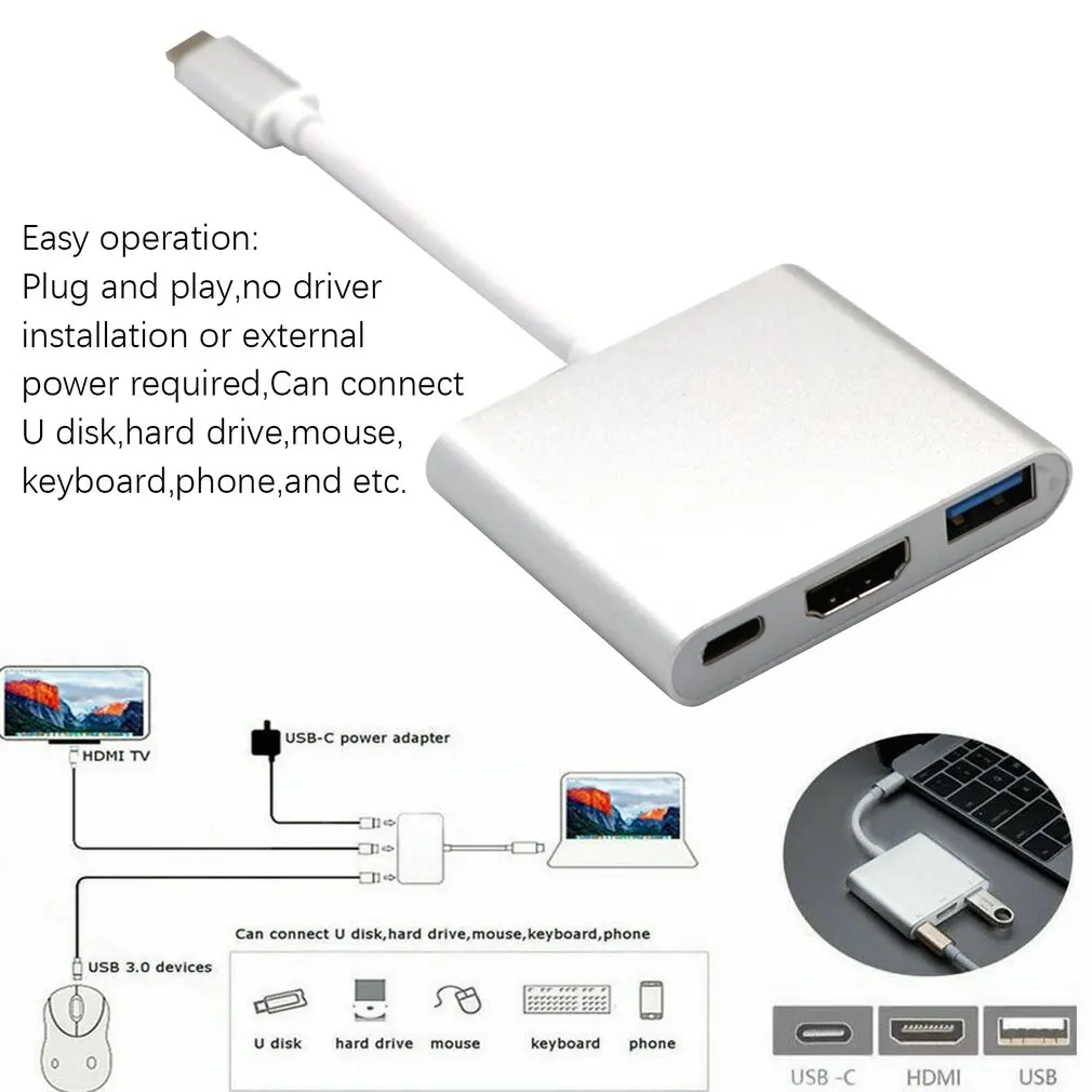 Премиум Тип C USB 3,1-Usb-C 4K HDMI USB 3,0 кабель-адаптер 3 в 1 концентратор для компьютера портативный бытовой Кабель-адаптер