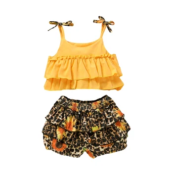 

2020 0-18M Toddler Infant Baby Girl Clothes Set Summer Yellow Sleeveless Ruffle Top Leopard Ruffle Shorts Clothing 2PCs