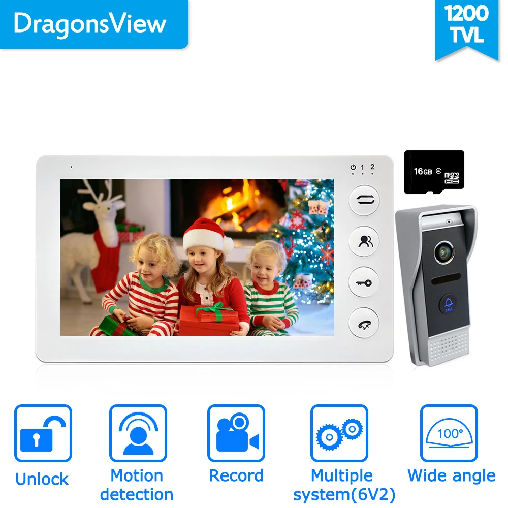 

Dragonsview 7 inch Wired Home Intercom Video Door Phone Doorbell Camera Record Motion Detection 16GB SD Card Wide Angle 100°