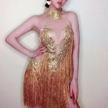 Пикантные золотые стразы с кисточками Прозрачное платье на день рождения Празднование сетчатый наряд для женщин певица бар DS сценическое платье