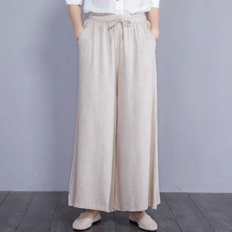 Fl995 свободные хлопковые льняные брюки свободного кроя, Женские винтажные одноцветные льняные штаны, весенние и осенние