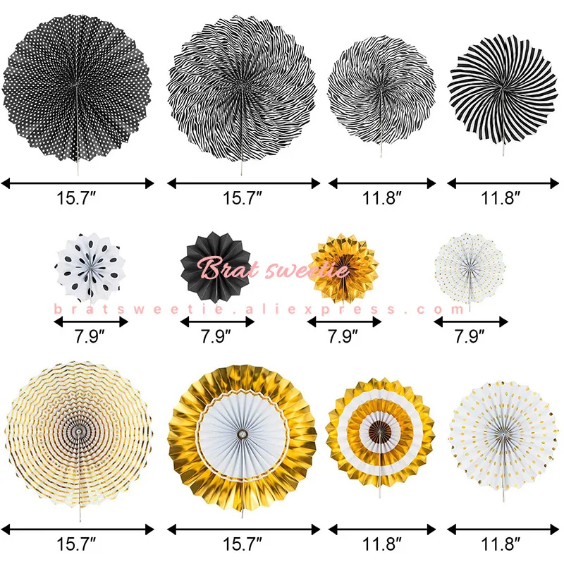 12 шт./компл. золото черные вечерние висит Бумага вентиляторы Год Вечерние Потолочные Подвесные Украшения для взрослых 30th День рождения украшения поставки