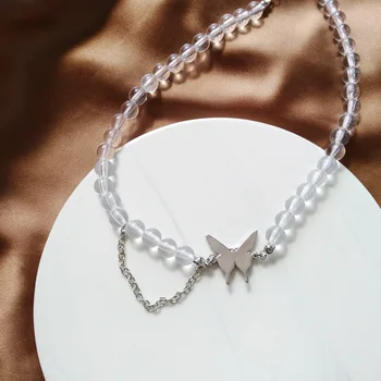 

Japanese-style-Style Simple Transparent Bead Necklace Cool Trending Metal Butterfly Necklace Online Celebrity Chain Choker 1611