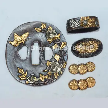 

HandMade A Set Plated Gold & Silver Copper Bronze Guard Tsuba Menuki Fuchi Kashira For Japanese Samurai Sword Katana Wakizashi
