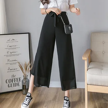 

2020 Summer Chiffon Pants Women Elegant Bandage High Waist Wide Leg Pants Casual Loose Long Culottes Pants Trousers For Women