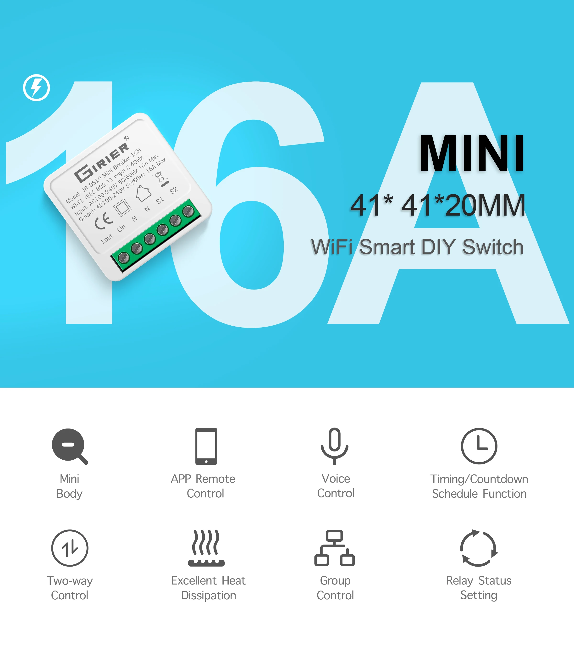 16A Mini Smart Wifi DIY Switch Supports 2 Way Control, Smart Home Automation Module, Works with Alexa Google Home Smart Life App