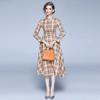 

Checked Large Swing Slim Dresses Woman Plaid Vintage Long Sleeve Sundress Casual Stand Collar Party Vestido Robe Femme Dresses