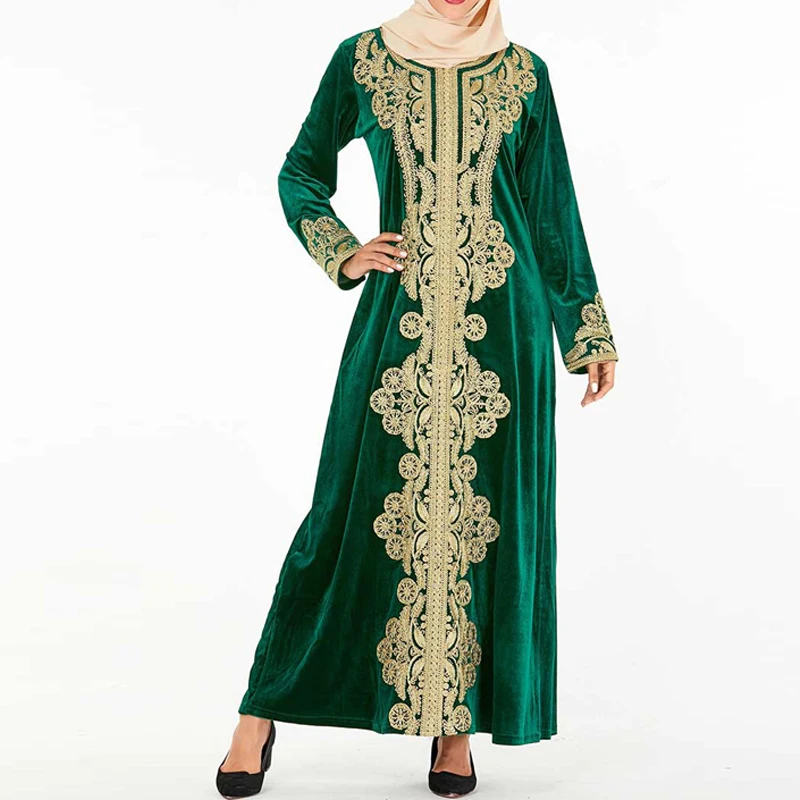 green dress Зимние Бархатные платья абайя, арабское мусульманское платье хиджаб Кафтан Дубай Кафтан марокканское платье Musulmane Tesettur Elbise турецкие платья - Цвет: green dress