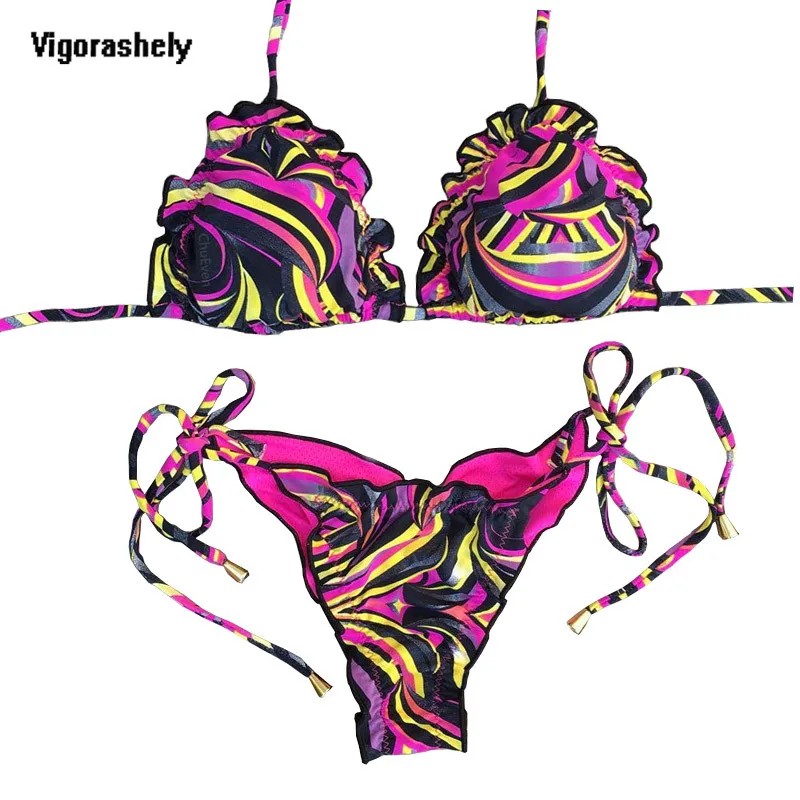 

Vigorshely Print Swimwear Women 2019 Sexy Halter Bikini String Tied Swimsuit Female Ruffle Bikini Bathing Suit Swim Wear Biquini
