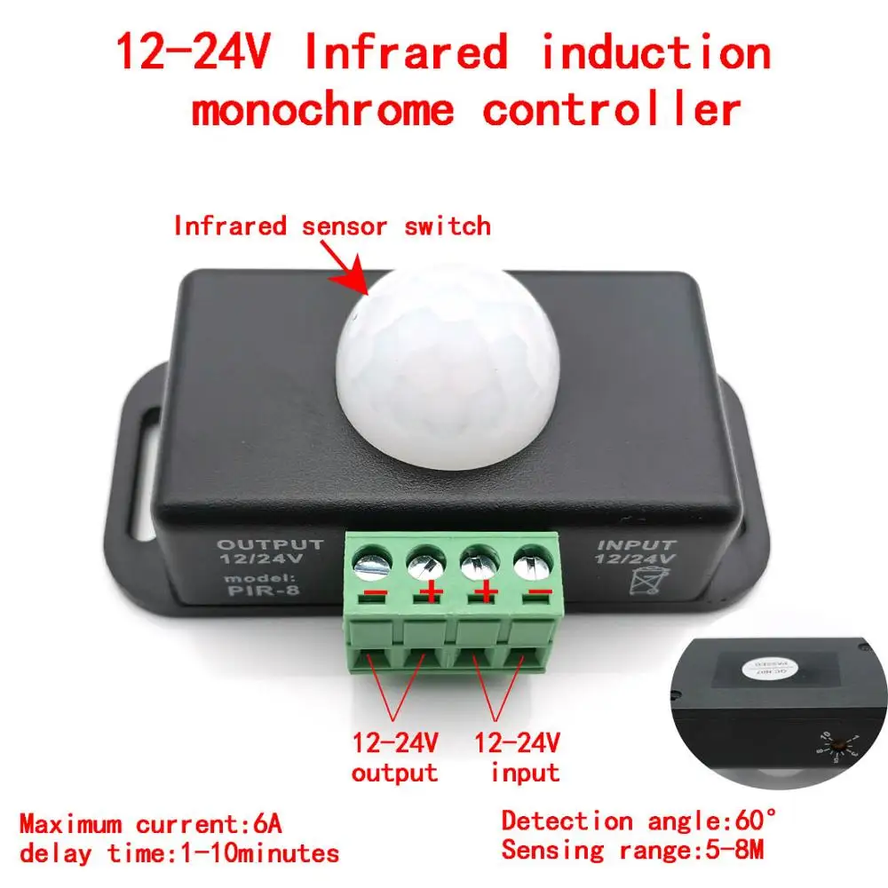 

12V-24V Mini PIR Motion Sensor Detector Switch for LED Strip Ruban Light Tape SMD 5050 3528 Infrared Detection 6A 12 Volt 24Volt