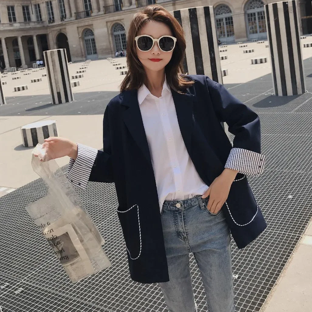 

Photo Shoot Retro CHIC Open Wire Contrast Color Small Suit Women's INS Large Pocket Long Sleeve Loose-Fit Casual Short Coat OL
