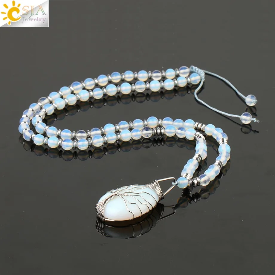 

CSJA 6mm Opal Beaded Necklaces Tree of Life Wire Wrap Pendant 7 Chakra Healing Bead Handmade Jewelry for Female Men Collier S478