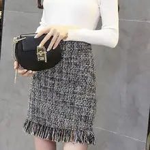 Женская шерстяная мини-юбка, осенняя зимняя винтажная прямая клетчатая юбка с кисточками, юбка с высокой талией